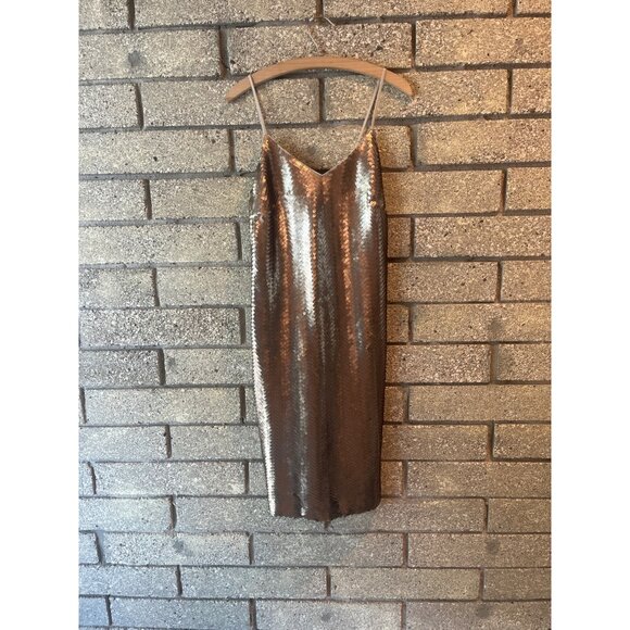 Vintage Bronze Sequin Slip Dress With Spaghetti Straps & Chevron Pattern - Picture 1 of 11